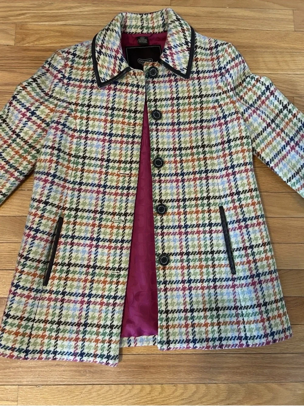 Coach Tattersall Hampton Tweed Plaid Rainbow Houndstooth Wool Pea Coat Jacket XS